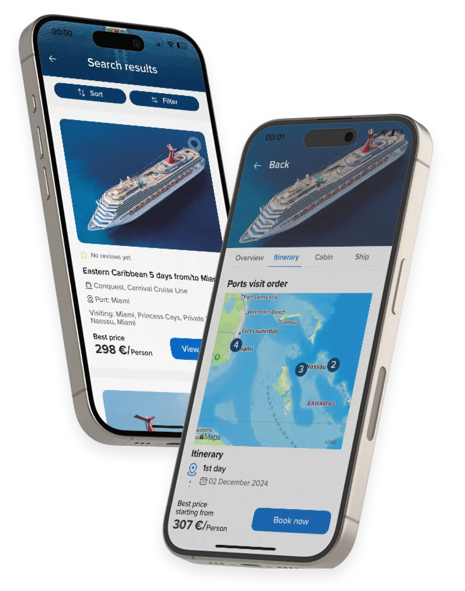 The ChooseCruise app: a search-results screen listing Eastern Caribbean sailings from Miami with per-person fares, and a cruise itinerary map showing the ports in visit order.